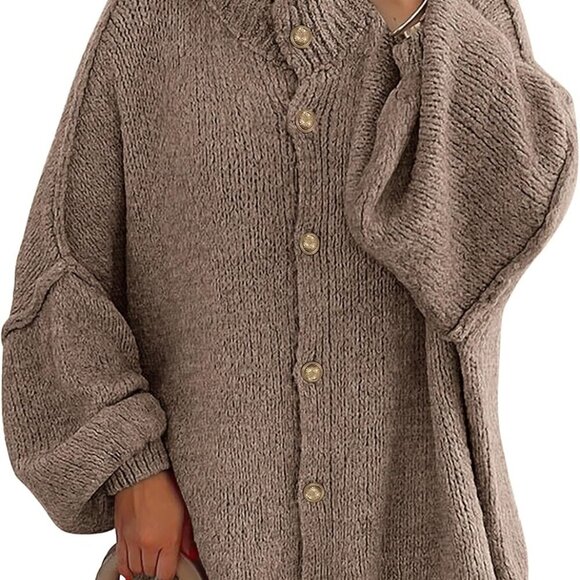 Women's Winter Button Down Cardigan Sweaters Mock Neck Lantern Long Sleeve Chunk